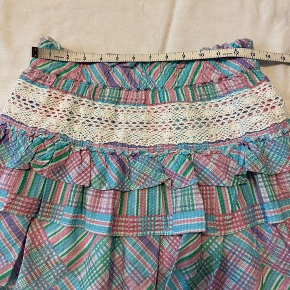 NEW Love Shack Fancy Small Corbett Mini Skirt in Candyland Print ~ Plaid Crochet - Picture 5 of 8
